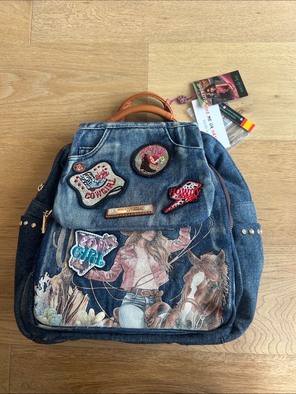 Nicole Lee Denim Cowgirl Patch Kids Backpack - Blue with Brown Accents